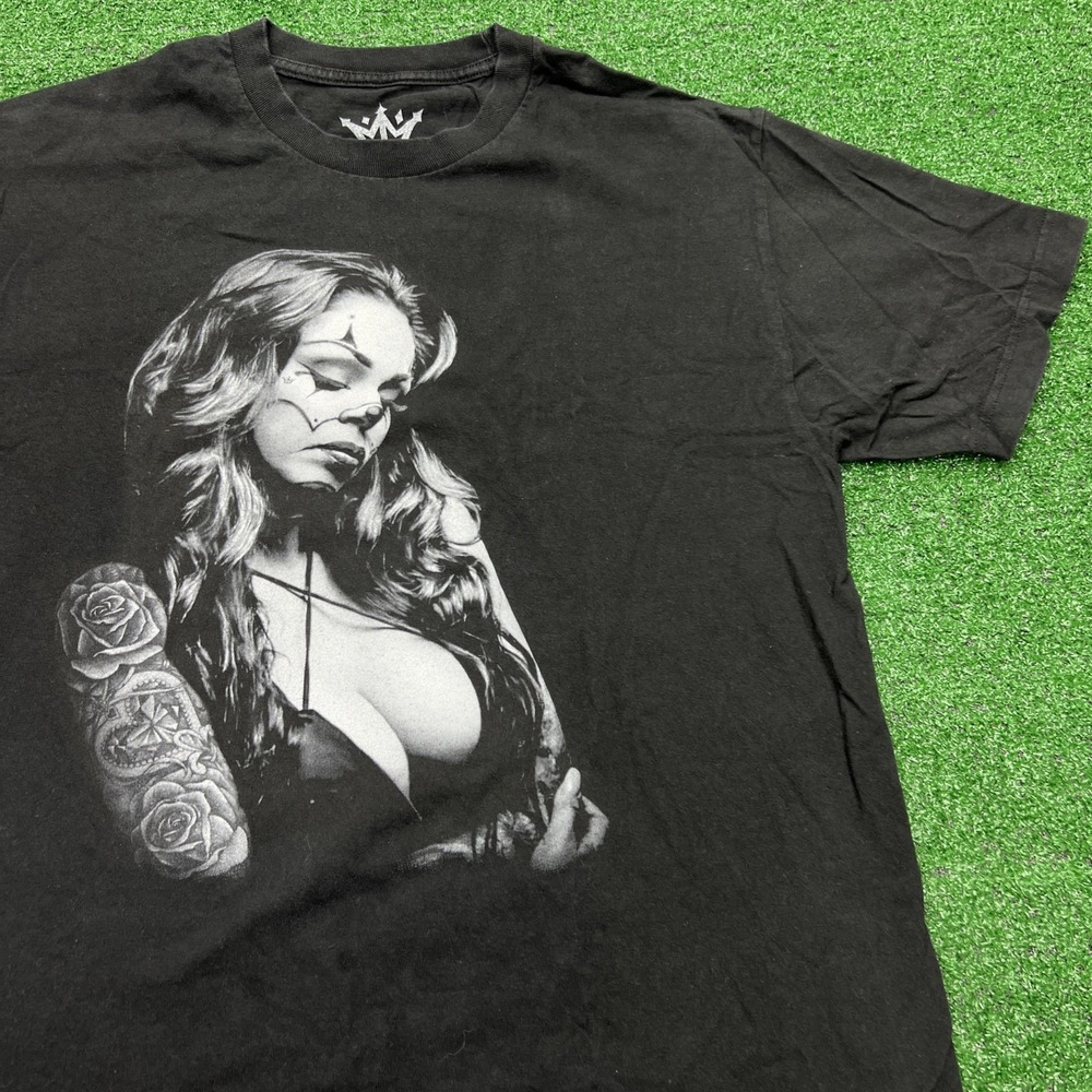 Mafioso Clown Faced Tatoo Women Black T-Shirt Mens Size Large Short‎ Sleeve